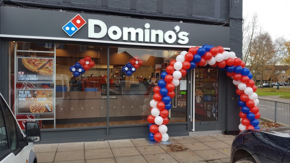 Red, White and Blue Spiral Arch for the opening of a new Domino's
