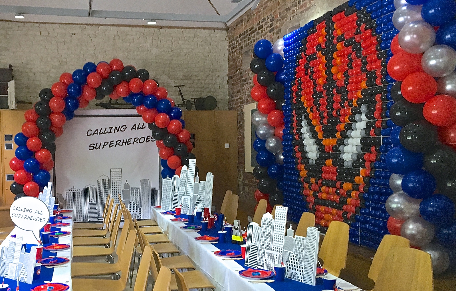 Spiderman Party with Spiral Arch, Columns and Balloon Wall