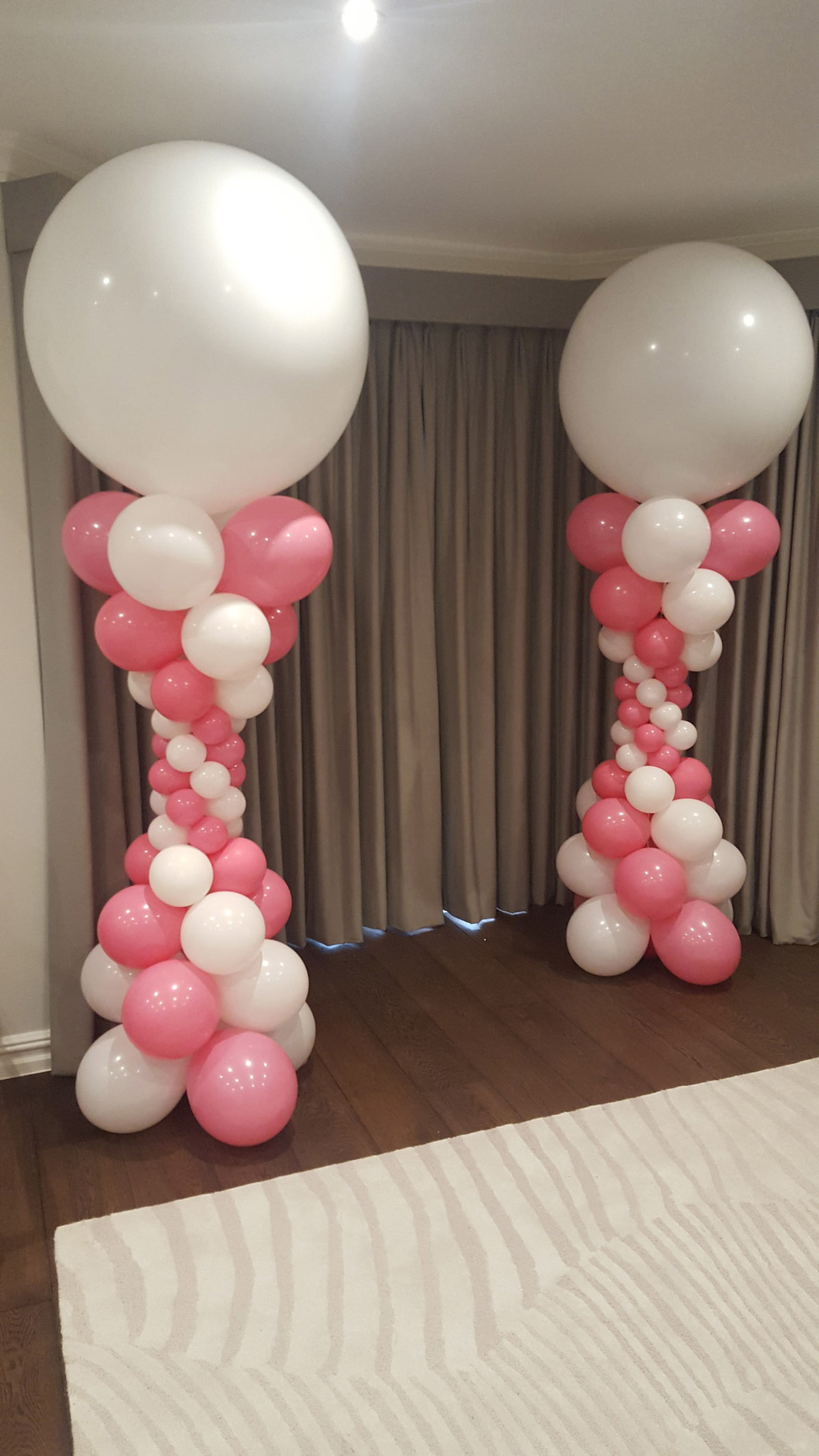 White 3ft Balloons on Twisty Pale Pink and White Columns